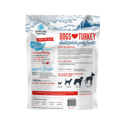 Image of the back of Farmland Traditions Dog Heart Turkey and Sweet Potato Jerky Treats bag