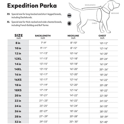 Hurtta Buckthorn Expedition Parka sizing chart